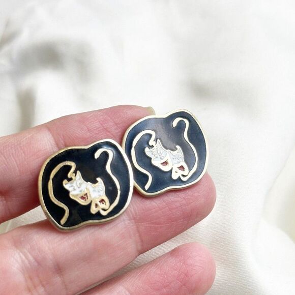 Vintage Theater Mask cufflinks black enamel Comedy Tragedy - Picture 2 of 4